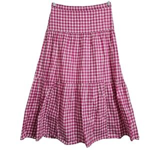 J.Crew Skirt Women M Pink Gingham Tiered Maxi Cotton Elastic Waist Cottagecore